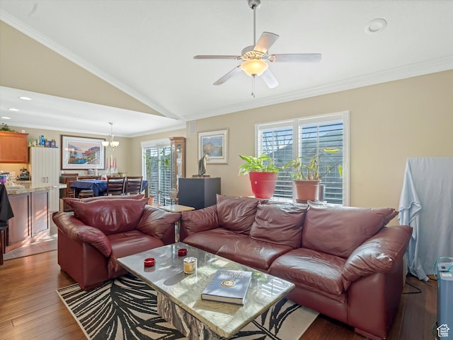 3057 N 3325 W, Plain City, UT 84404 - living room featuring crown molding, recessed lighting, light wood finished floors, vaulted ceiling, and ceiling fan with notable chandelier
