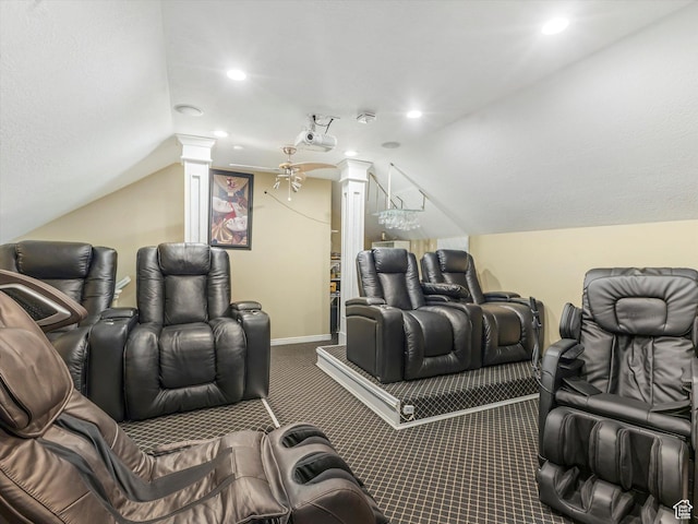 3057 N 3325 W, Plain City, UT 84404 - carpeted home theater featuring decorative columns, recessed lighting, baseboards, and lofted ceiling