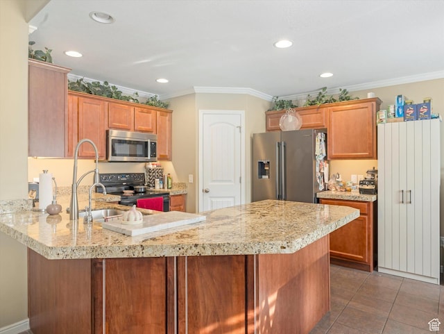 3057 N 3325 W, Plain City, UT 84404 - kitchen featuring stainless steel appliances, tile patterned flooring, a peninsula, and crown molding