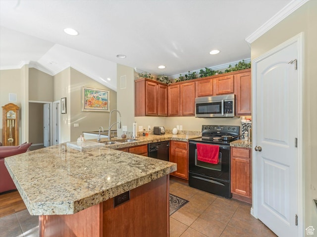 3057 N 3325 W, Plain City, UT 84404 - kitchen featuring tile patterned flooring, a peninsula, a sink, and black appliances