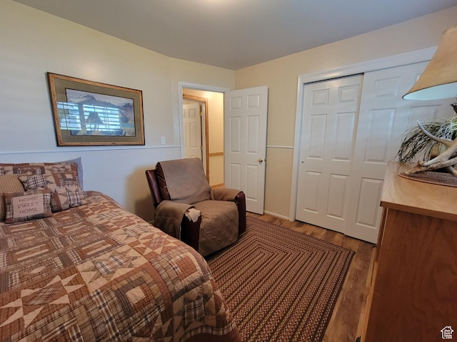 bedroom featuring wood finished floors and a closet