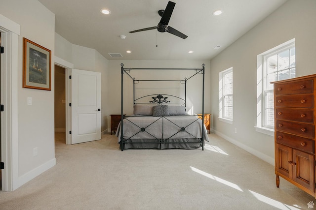 bedroom featuring recessed lighting, visible vents, baseboards, and carpet floors