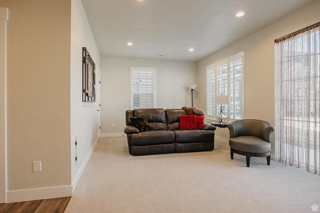 living area featuring a textured ceiling, baseboards, carpet floors, and recessed lighting
