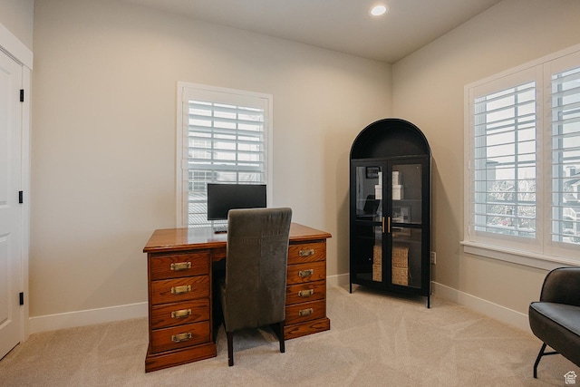 office with baseboards, recessed lighting, and light colored carpet