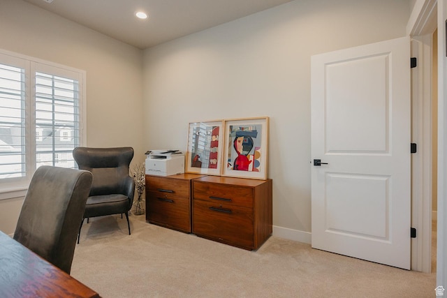 office area featuring baseboards, recessed lighting, and light colored carpet