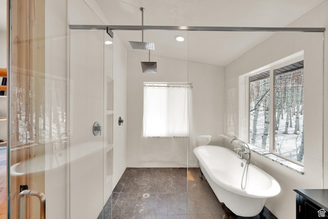 10802 E Green Briar Rd Unit 562, Heber City, UT 84032 - full bath featuring a freestanding bath, plenty of natural light, a shower with shower door, and lofted ceiling