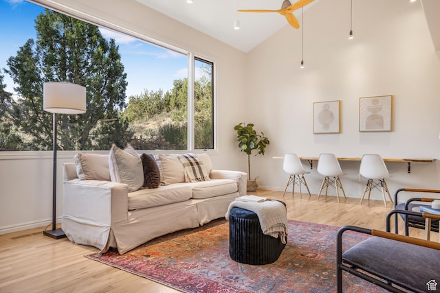 282 Valley View Dr, Springdale, UT 84767 - living area featuring high vaulted ceiling, ceiling fan, baseboards, and wood finished floors