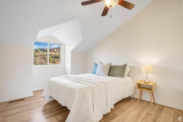 282 Valley View Dr, Springdale, UT 84767 - bedroom with lofted ceiling, baseboards, light wood-style flooring, visible vents, and ceiling fan