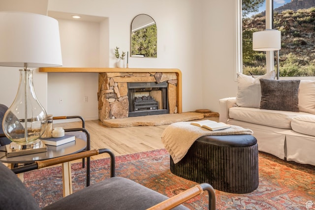 282 Valley View Dr, Springdale, UT 84767 - living room featuring a stone fireplace, recessed lighting, and wood finished floors