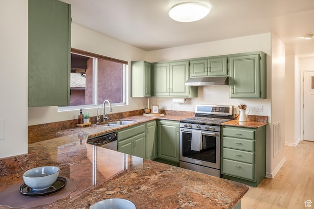 282 Valley View Dr, Springdale, UT 84767 - kitchen featuring under cabinet range hood, a sink, stainless steel appliances, light wood finished floors, and green cabinetry