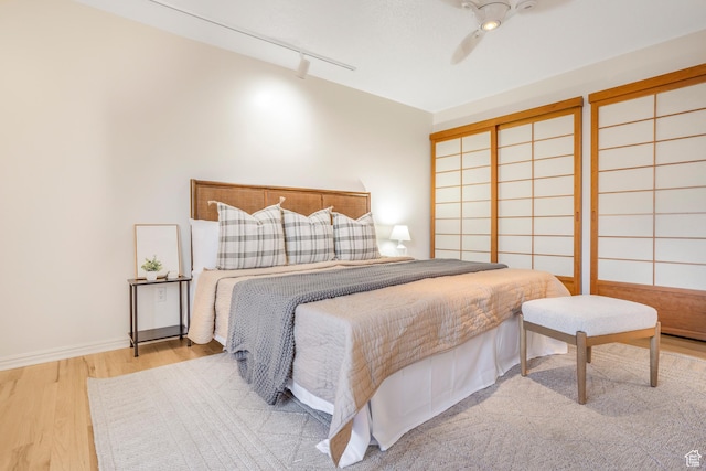 282 Valley View Dr, Springdale, UT 84767 - bedroom with multiple closets, rail lighting, wood finished floors, and a ceiling fan