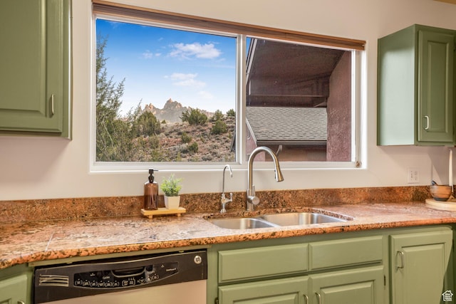 282 Valley View Dr, Springdale, UT 84767 - kitchen featuring green cabinets, a mountain view, light countertops, dishwasher, and a sink
