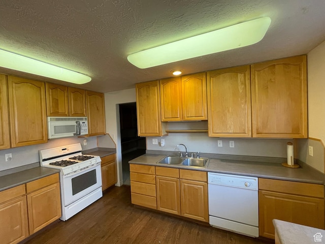 848 N 500 W, Malad City, ID 83252 - kitchen with white appliances, dark wood-style flooring, a textured ceiling, and a sink