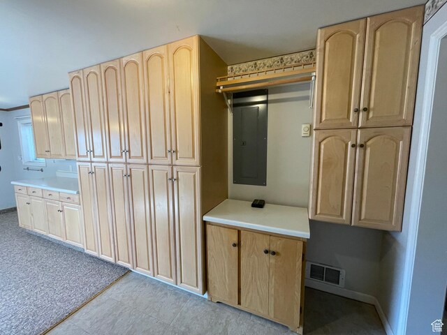 848 N 500 W, Malad City, ID 83252 - interior space featuring visible vents, baseboards, electric panel, light countertops, and light brown cabinetry