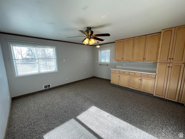 848 N 500 W, Malad City, ID 83252 - kitchen featuring a ceiling fan, visible vents, dark colored carpet, light brown cabinets, and baseboards