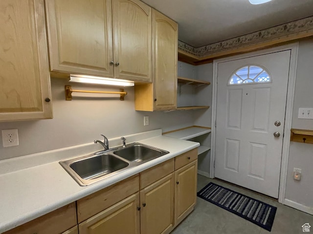 848 N 500 W, Malad City, ID 83252 - kitchen with a sink, light countertops, open shelves, and light brown cabinetry