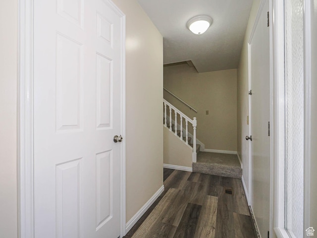 5085 Clover View Dr Unit 11, Murray, UT 84123 - hall with dark wood-style flooring, visible vents, baseboards, and stairs