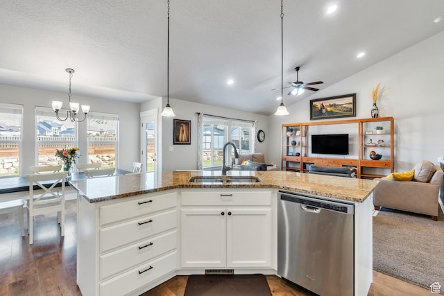 2155 E Blue Sky Dr, Eagle Mountain, UT 84005 - kitchen featuring stainless steel dishwasher, light stone countertops, open floor plan, and a sink