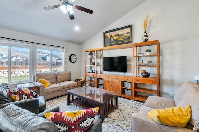 2155 E Blue Sky Dr, Eagle Mountain, UT 84005 - living room featuring a ceiling fan and vaulted ceiling