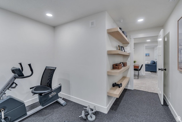 2155 E Blue Sky Dr, Eagle Mountain, UT 84005 - workout area featuring baseboards, dark colored carpet, visible vents, and recessed lighting