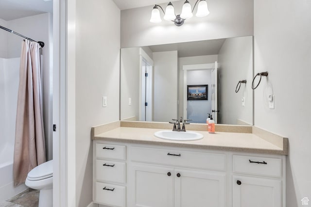2155 E Blue Sky Dr, Eagle Mountain, UT 84005 - bathroom with shower / tub combo, toilet, vanity, and a notable chandelier