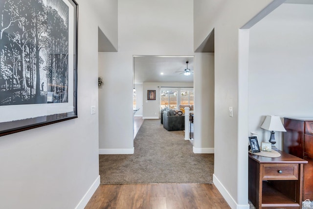 2155 E Blue Sky Dr, Eagle Mountain, UT 84005 - hallway featuring carpet floors, baseboards, and wood finished floors