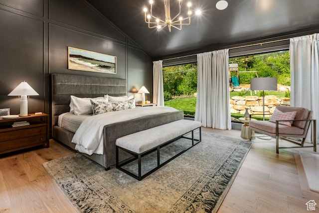 4155 S Parkview Dr, Salt Lake City, UT 84124 - bedroom featuring access to outside, a notable chandelier, multiple windows, and vaulted ceiling