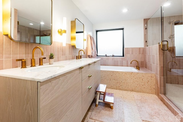 4155 S Parkview Dr, Salt Lake City, UT 84124 - full bathroom with a sink, a bath, double vanity, and a stall shower