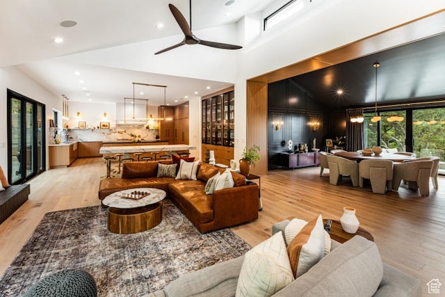 4155 S Parkview Dr, Salt Lake City, UT 84124 - living room featuring high vaulted ceiling, recessed lighting, light wood-type flooring, and a ceiling fan