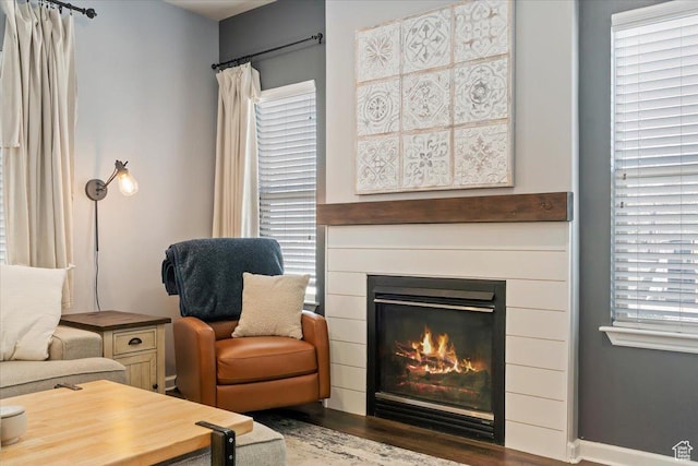sitting room featuring wood finished floors and a glass covered fireplace