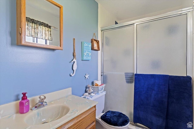 bathroom featuring a shower stall, vanity, and toilet