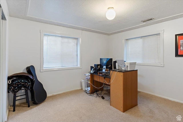 office space featuring visible vents, baseboards, light carpet, and a textured ceiling