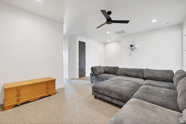 living area featuring visible vents, recessed lighting, a ceiling fan, and carpet floors