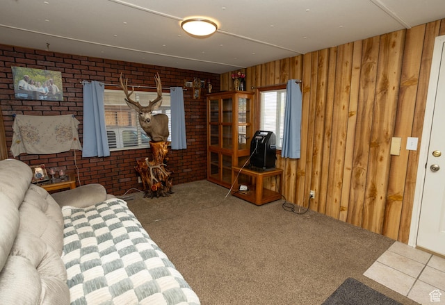 145 S 100 E, Redmond, UT 84652 - interior space with brick wall, wooden walls, and carpet flooring