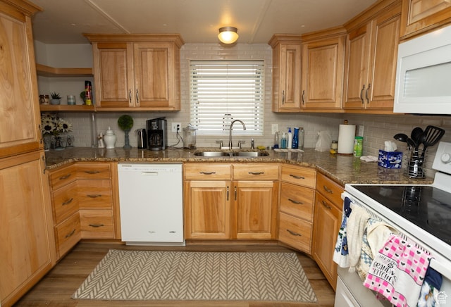 145 S 100 E, Redmond, UT 84652 - kitchen featuring tasteful backsplash, open shelves, a sink, white appliances, and light wood finished floors
