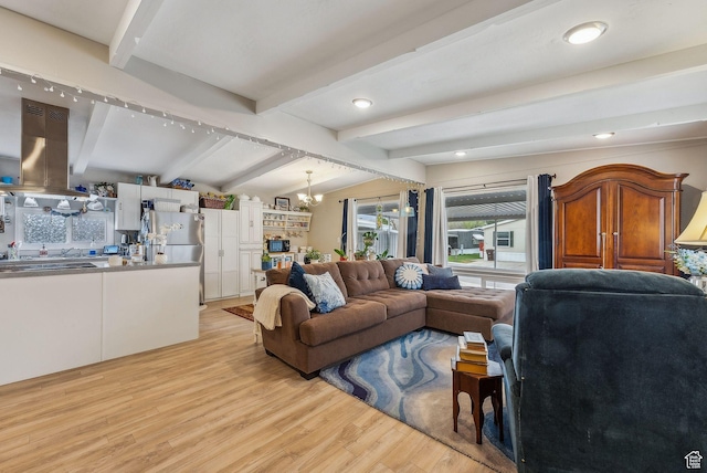 5100 S 1050 W Unit H138, Riverdale, UT 84405 - living room with recessed lighting, light wood finished floors, a notable chandelier, and lofted ceiling with beams