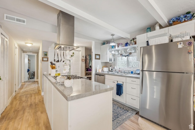 5100 S 1050 W Unit H138, Riverdale, UT 84405 - kitchen featuring white cabinets, visible vents, island exhaust hood, stainless steel appliances, and beam ceiling