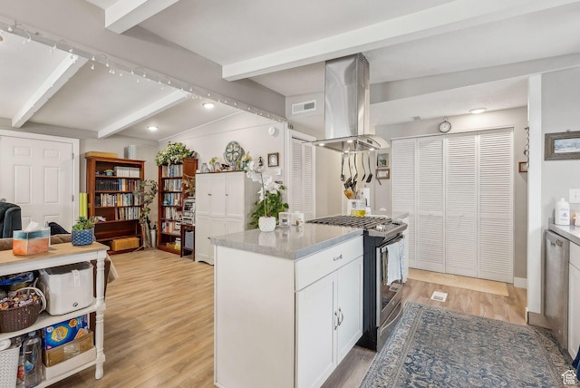 5100 S 1050 W Unit H138, Riverdale, UT 84405 - kitchen with visible vents, light wood-type flooring, island exhaust hood, and stainless steel appliances