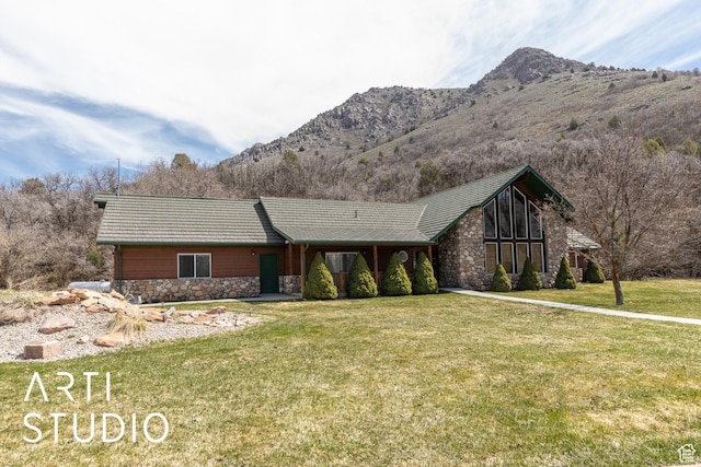 260 S 10450 E, Huntsville, UT 84317 - view of front of property featuring a mountain view, stone siding, and a front lawn