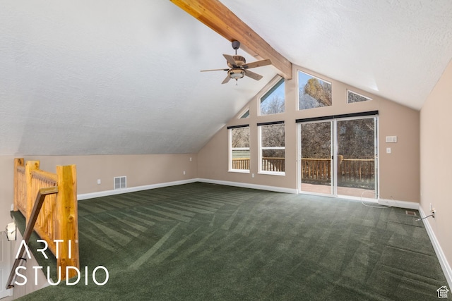 260 S 10450 E, Huntsville, UT 84317 - additional living space with dark carpet, ceiling fan, baseboards, and vaulted ceiling with beams