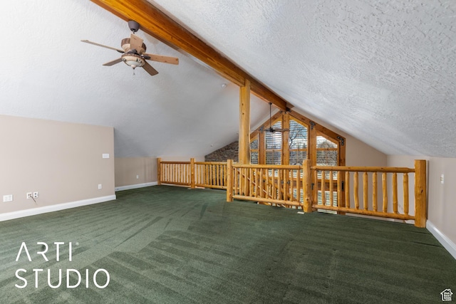 260 S 10450 E, Huntsville, UT 84317 - bonus room featuring baseboards, a textured ceiling, ceiling fan, carpet, and vaulted ceiling with beams