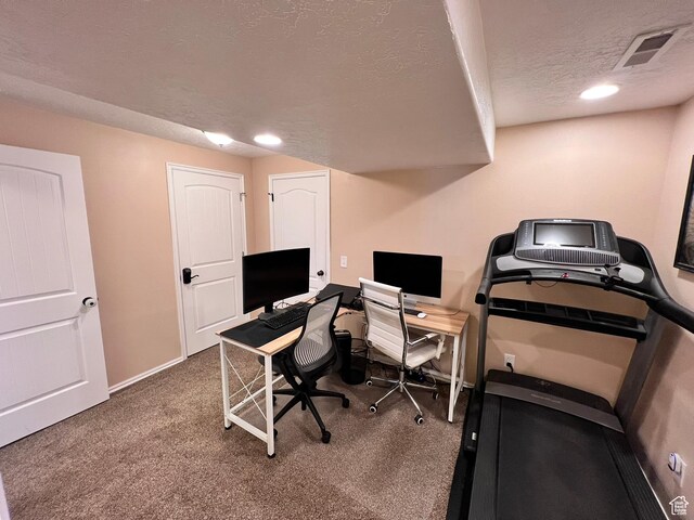 7777 N Mountain Ash Way, Eagle Mountain, UT 84005 - home office with visible vents, baseboards, carpet, a textured ceiling, and recessed lighting