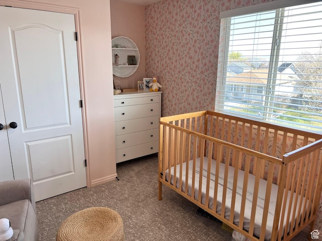 7777 N Mountain Ash Way, Eagle Mountain, UT 84005 - carpeted bedroom with wallpapered walls and a crib
