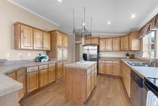 19185 N 11250 E, Mount Pleasant, UT 84647 - kitchen featuring ornamental molding, appliances with stainless steel finishes, light countertops, a sink, and light wood finished floors