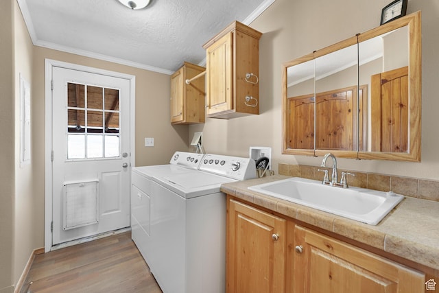 19185 N 11250 E, Mount Pleasant, UT 84647 - washroom featuring separate washer and dryer, a sink, ornamental molding, and cabinet space