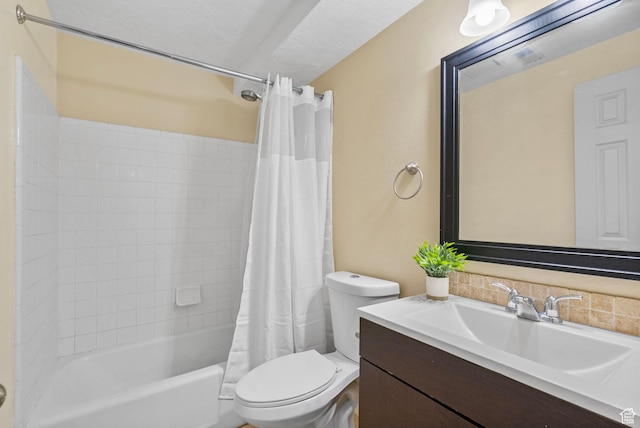 bathroom with toilet, decorative backsplash, shower / bath combo, and vanity
