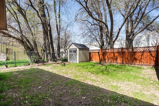 486 13th St, Ogden, UT 84404 - view of yard with a shed, a fenced backyard, and an outbuilding