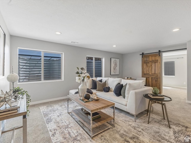 14939 S Winged Bluff Ln, Draper, UT 84020 - living area with carpet floors, a barn door, baseboards, a textured ceiling, and recessed lighting