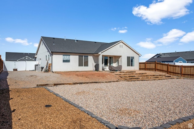 4898 N 10 E, Enoch, UT 84721 - back of property featuring central AC, a fenced backyard, stucco siding, a patio, and a shingled roof
