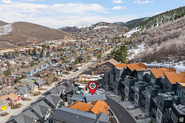 aerial view featuring a residential view and a mountain view